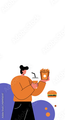 Person in a modern illustration style holding french fries and a soft drink, with a burger. Represents convenient fast food and takeaway culture.
