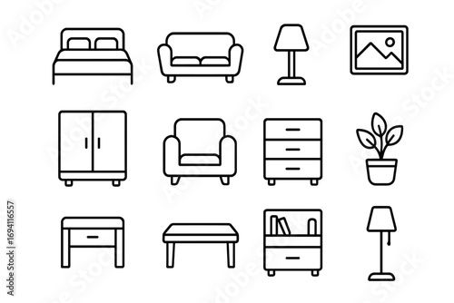 Furniture outline icon set. Home decor and interior design symbols. Linear icons for bedroom, living room. Vector collection of sofa, bed, lamp, chair, wardrobe pictograms.