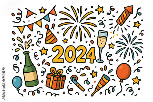 New Year's Eve party doodle set. Hand drawn cartoon vector illustration of festive celebration elements like fireworks, champagne, gift and party hats for a holiday event.