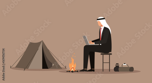 Arab businessman working remotely on laptop in a desert camp with tent and campfire. Blending modern business with travel and culture.