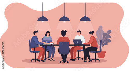 Diverse business team collaborates in a meeting, discussing strategies and ideas. Showcases teamwork, productivity, and professional development in an office environment.