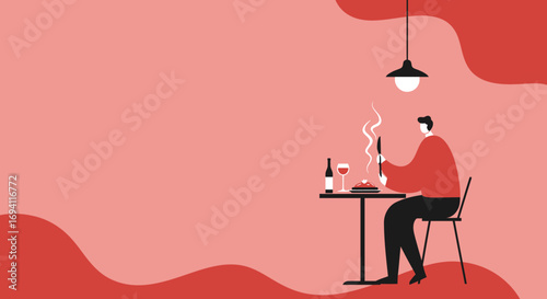 An illustration of a man enjoying a solo meal with steaming food and wine at a restaurant. Ideal for dining, hospitality, or lifestyle concepts.