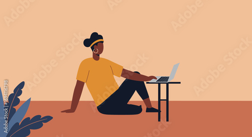 Relaxed Black woman working remotely on her laptop at home. This illustration depicts flexible modern work, online education, or leisure for a digital lifestyle.