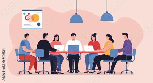 Diverse team of professionals collaborating in a modern office meeting, using laptops for project discussion and strategy.