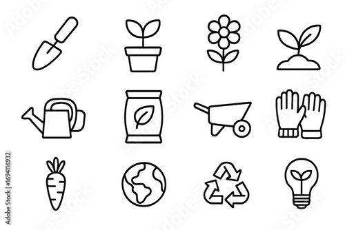 Gardening and environment outline icon set. Eco-friendly, sustainable living symbols. Line art collection for farming, growth, recycling, and green energy concepts.