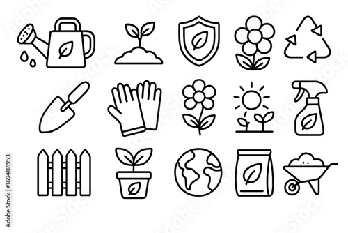 Gardening and environment outline icon set. Eco-friendly, sustainable agriculture vector icons. Nature, planting, ecology concepts. Garden tools, plant growth symbols.