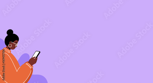 Smiling woman with glasses uses a smartphone. Represents digital communication, online engagement, and modern lifestyle. Great for tech, social media, and app concepts.