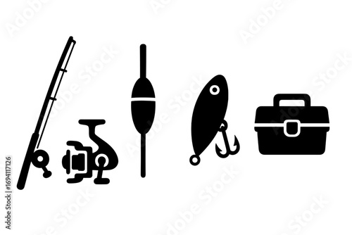 Fishing gear icon set vector silhouette. Angling equipment rod, reel, lure, float, tackle box. Fisherman sport hobby concept. Fish hook symbol. Angler tools collection.