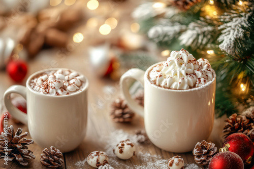 Cozy hot chocolate mugs with whipped cream and marshmallows. Festive winter scene on wood, with pinecones, red ornaments, snowy branches, and warm bokeh lights.