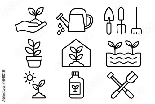 Gardening line icon set for plant care. Greenhouse, farming and hydroponics symbols. Vector illustration of agriculture tools, seedling growth and horticulture concept.
