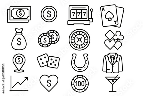 Finance and casino outline icon set. Money and gambling symbols line collection. Vector pack with poker, roulette, slots, and betting icons for jackpot & wealth concepts.