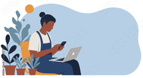 Person working remotely, multitasking with smartphone and laptop in a cozy, plant-filled environment. Represents modern work-life balance and digital connectivity.