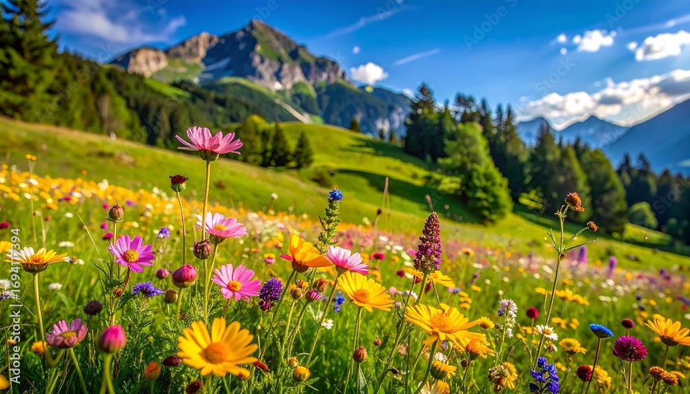 Obraz premium Tranquil backyard sanctuary bathed in the warm, golden light of a summer sunrise, with vibrant flowers and a lush green lawn