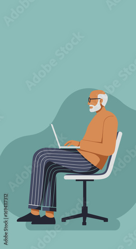 Senior man actively engaged on his laptop, embodying digital literacy and remote work. Represents retirement, online learning, or modern lifestyle for older adults.