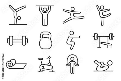 Gymnastics & fitness line icon set. Sports, exercise & workout outline icons. Gym equipment, dumbbell, kettlebell, barbell. Training, cardio, strength, pictogram symbol.