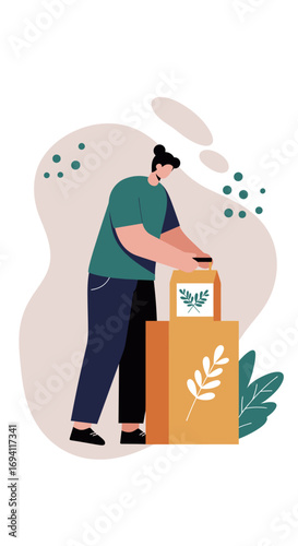 Person arranging eco-friendly product packages, highlighting sustainable e-commerce, home delivery, or mindful consumption. Ideal for business and lifestyle.