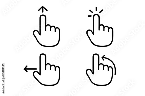 Gesture linear icon set for touch screen interface. Hand finger actions like swipe up, left, tap, click, and rotate. UI UX design elements for mobile app and web guide.