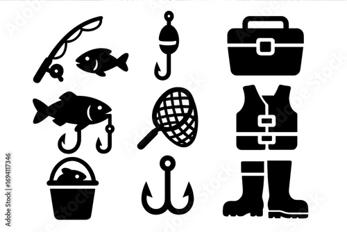 Fishing gear icon set. Fisherman equipment silhouettes. Collection of vector graphic elements for angling and outdoor hobby. Includes rod, fish, hook, tackle box, net, boots.