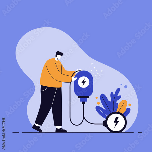 Illustration of a person engaging with a power charging station, symbolizing renewable energy, modern technology, and sustainable solutions. Ideal for business, environmental, or lifestyle themes.