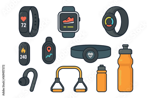 Fitness icon set. Wearable technology, smart watch, activity tracker, heart rate chest strap. Sport accessories, expander, water bottle. Health and workout vector icons.