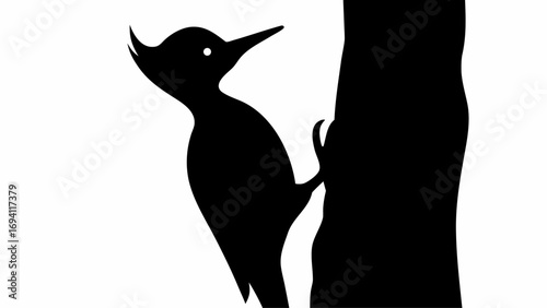 Silhouette of a woodpecker clinging to a tree trunk, with its head tilted upwards in a simple black design