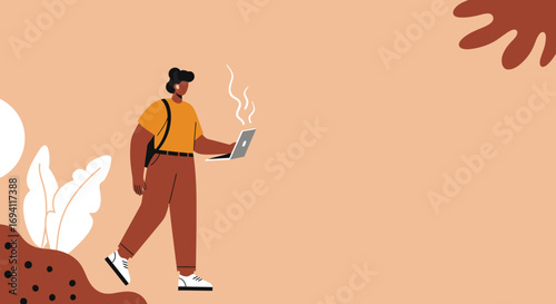 A young person with a backpack walks while actively using a laptop, symbolizing remote work, digital nomadism, and modern productivity. Ideal for business, technology, or lifestyle concepts.