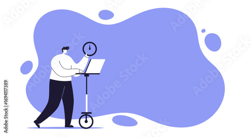 Person efficiently managing time on a laptop while working on the go. Concept of remote work, mobile business, and meeting deadlines.