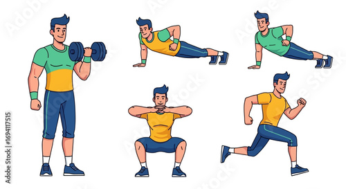 vector illustration, young man in sportswear, multiple workout poses and exercises