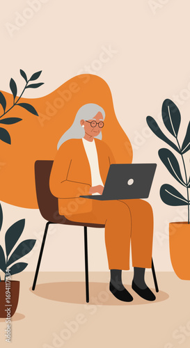 Senior woman actively working on a laptop in a modern, comfortable setting. Depicts digital literacy, remote work, and an engaged lifestyle for older adults.