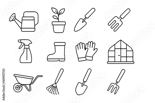 Gardening tools outline icon set. Plant care equipment. Greenhouse and horticulture symbols. Garden vector line art collection. Includes shovel, rake, watering can, gloves, boots.