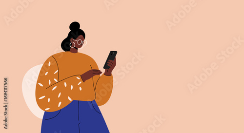 An illustrated woman with glasses and a bun actively uses her smartphone, representing modern digital communication, social media, and technology-driven lifestyle.