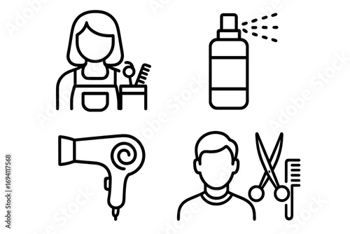Hair salon linear icon set. Hairdresser, barber, hairstylist, and client characters. Beauty parlor symbols with styling tools: hairdryer, scissors, comb, and spray bottle.