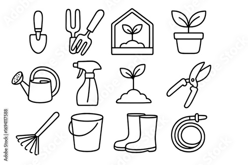 Gardening tools outline icon set. Garden equipment for plant care. Line art vector illustration. Trowel, rake, watering can, greenhouse, potted plant, boots, hose icons.