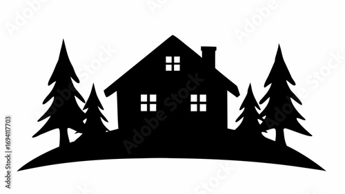Silhouette of a house with a chimney and windows surrounded by pine trees on a curved ground line