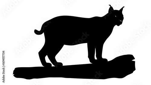 Silhouette of a lynx standing on a log with its ears pointed up and its tail slightly curved upwards