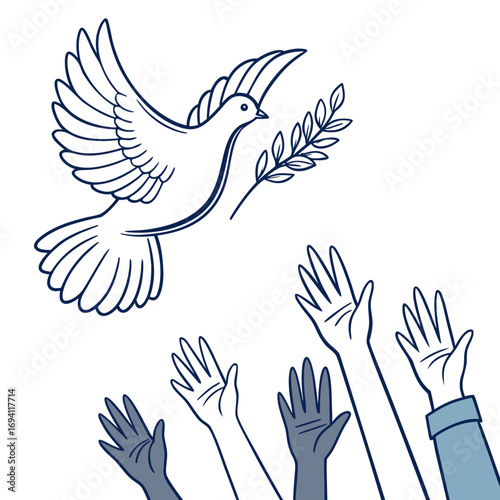 Symbolic dove of peace above uplifted hands illustration