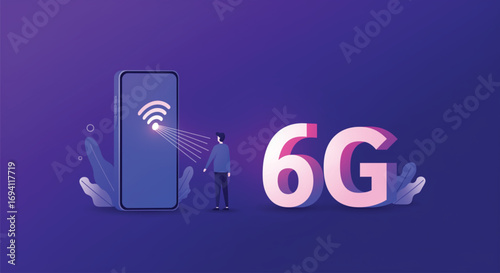 Futuristic Illustration of 6G Wireless Technology with Smartphone. EPS Vector