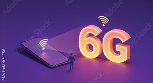 Future of Connectivity: 6G Network Shown Through Smartphone. EPS Vector