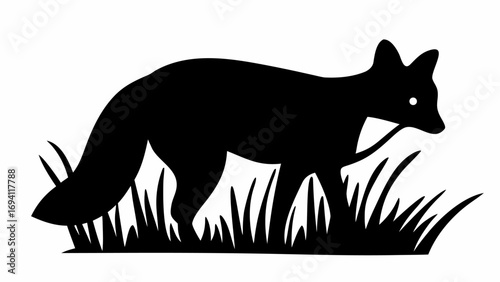Silhouette of a fox standing in tall grass with a visible eye and a bushy tail in black and white