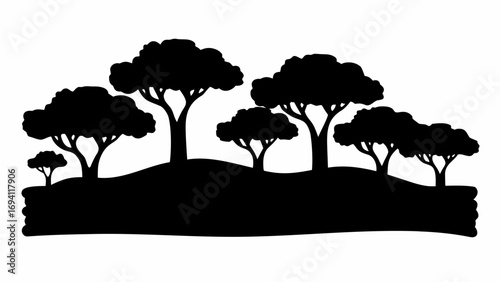 Silhouette illustration of a group of trees on a hill with a textured base against a white background