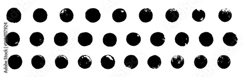nk leak effect circles. Vector distorted round shape stains. Black color circle collection. Grungy polka dot pattern with tiny small messy round rubber stamps. Emblem, punk style logo graphic elements