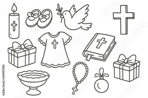 Christening and baptism line art icons. Doodle vector set of religious symbols for a baby. Christian faith elements: cross, dove, bible, rosary. Dedication outline illustration.