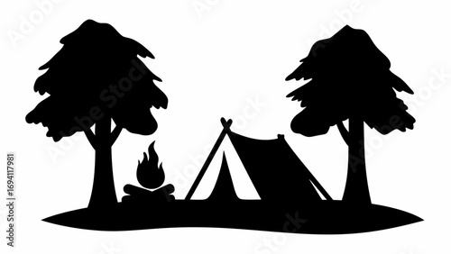 Silhouette of a camping scene with a tent campfire and trees in a monochrome black and white landscape