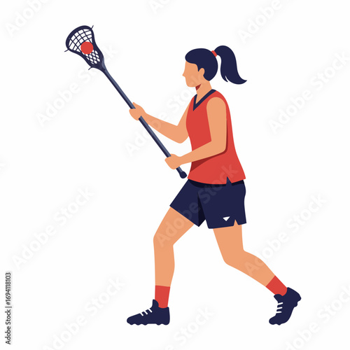Dynamic female lacrosse player in action with ball and stick on field