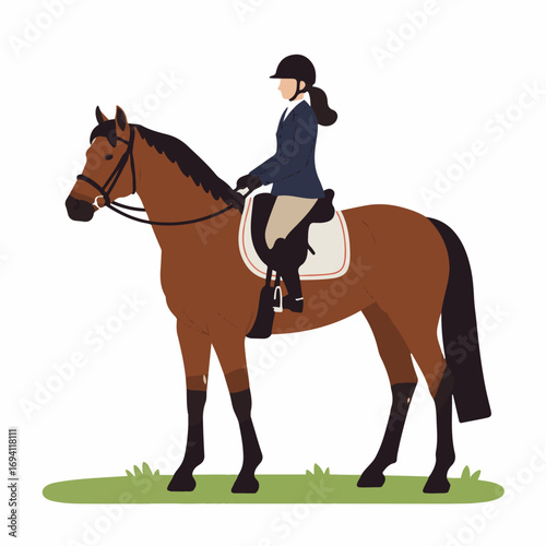 Elegant equestrian athlete riding a brown horse, poised for competition.