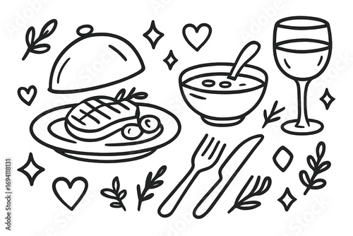 Hand drawn dinner elements for restaurant menu design. Vector food illustration set with steak, soup, wine glass and cutlery. Outline doodle icons for fine dining concept.