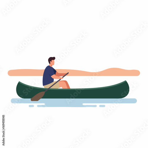 Man paddles canoe on calm lake enjoying peaceful outdoor recreation