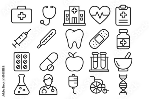 Healthcare and medical outline icon set. Vector collection of simple line symbols for medicine, hospital, pharmacy, and emergency services. Health and wellness concepts design elements.