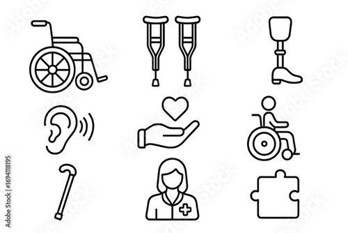Healthcare and accessibility line icon set. Disability, adaptive aids, therapy symbols. Wheelchair, crutches, prosthetic leg, hearing loss, care, nurse vector illustration.