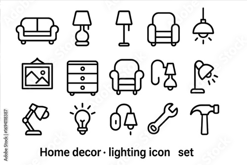 Home decor and lighting line icon set. Interior design symbols with furniture, fixtures, and DIY tools. Outline vector collection for web, mobile apps, and infographics.